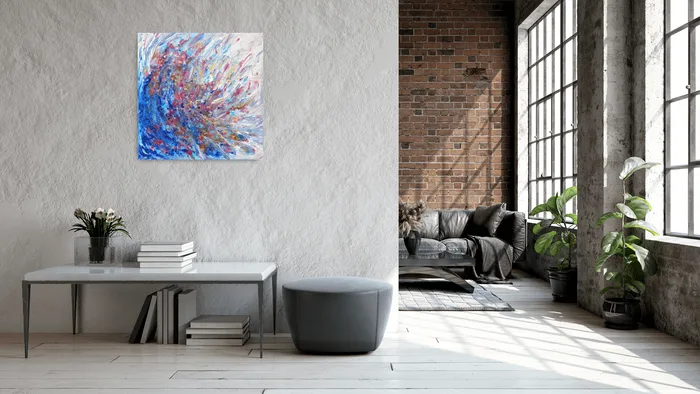 Blue fantasy abstract painting, 60 x 60 cm