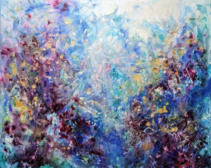 Abstract painting blue gold on canvas