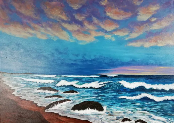 Gentle evening waves – original sea artwork, 70×50 cm