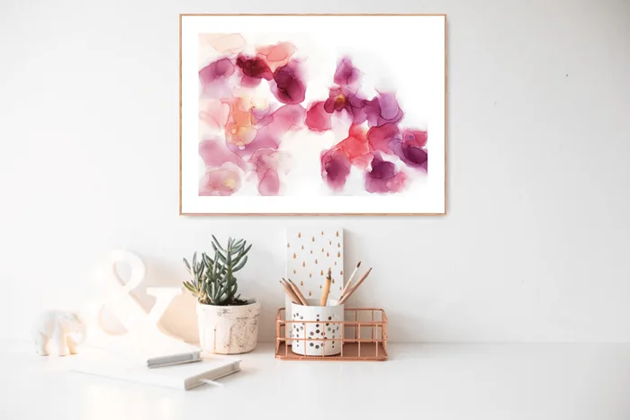 Originální inkoustová malba - Odstíny růžové