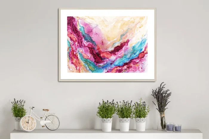 Romantická fantazie - abstraktní malba na papíru, 46x32 cm