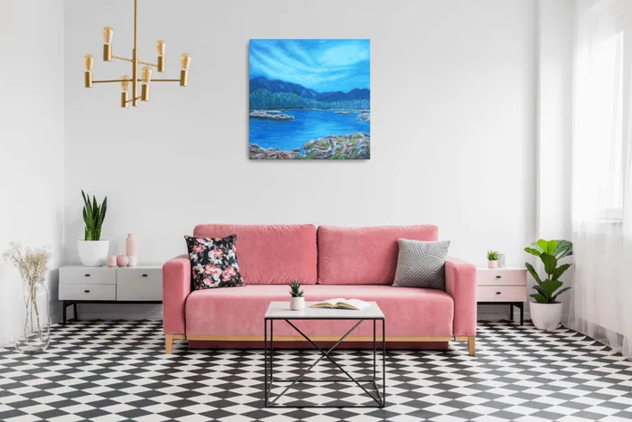Serenity – lake painting on canvas, 50×50 cm