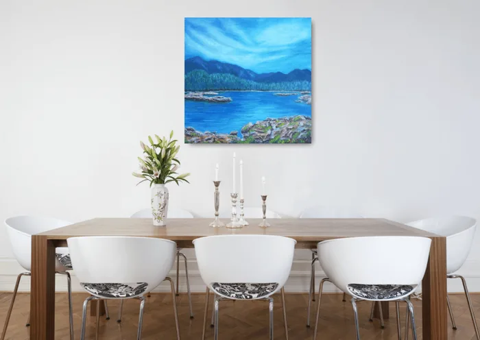 Serenity – lake painting on canvas, 50×50 cm
