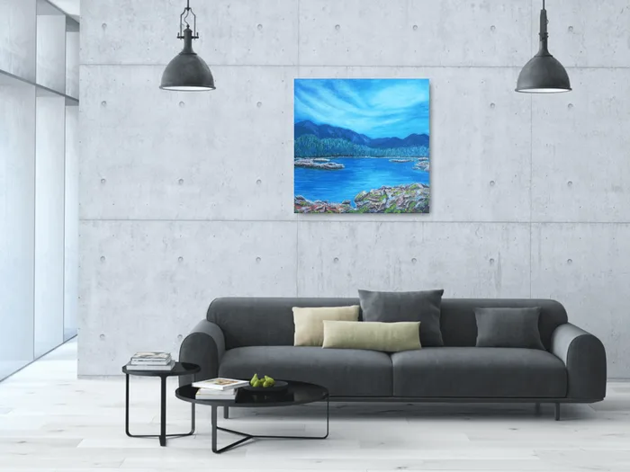 Serenity – lake painting on canvas, 50×50 cm