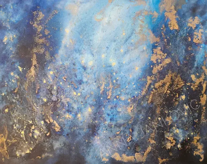 Ticho pod hladinou - modro zlatý abstraktní obraz, 120x100cm