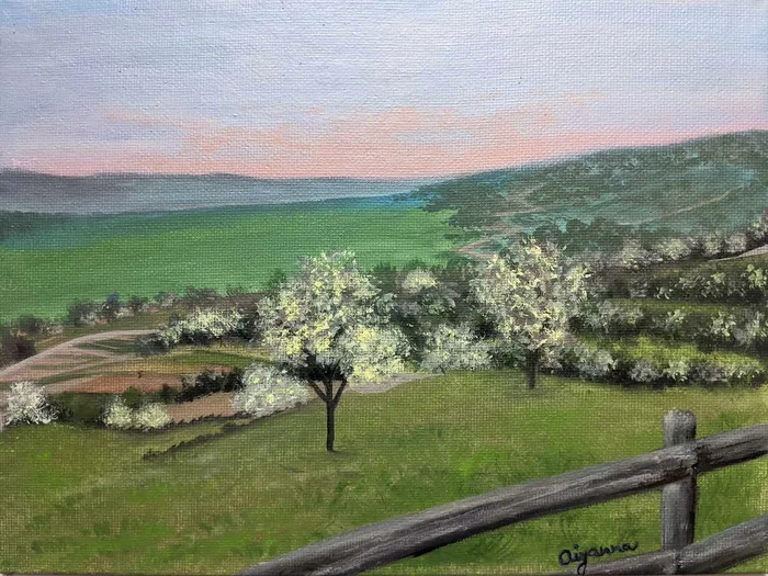 Jarní podvečer - ručně malovaný obraz krajiny, 24x18cm