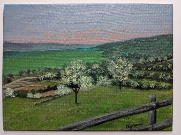 Spring evening – hand painted landscape artwork, 24x18cm