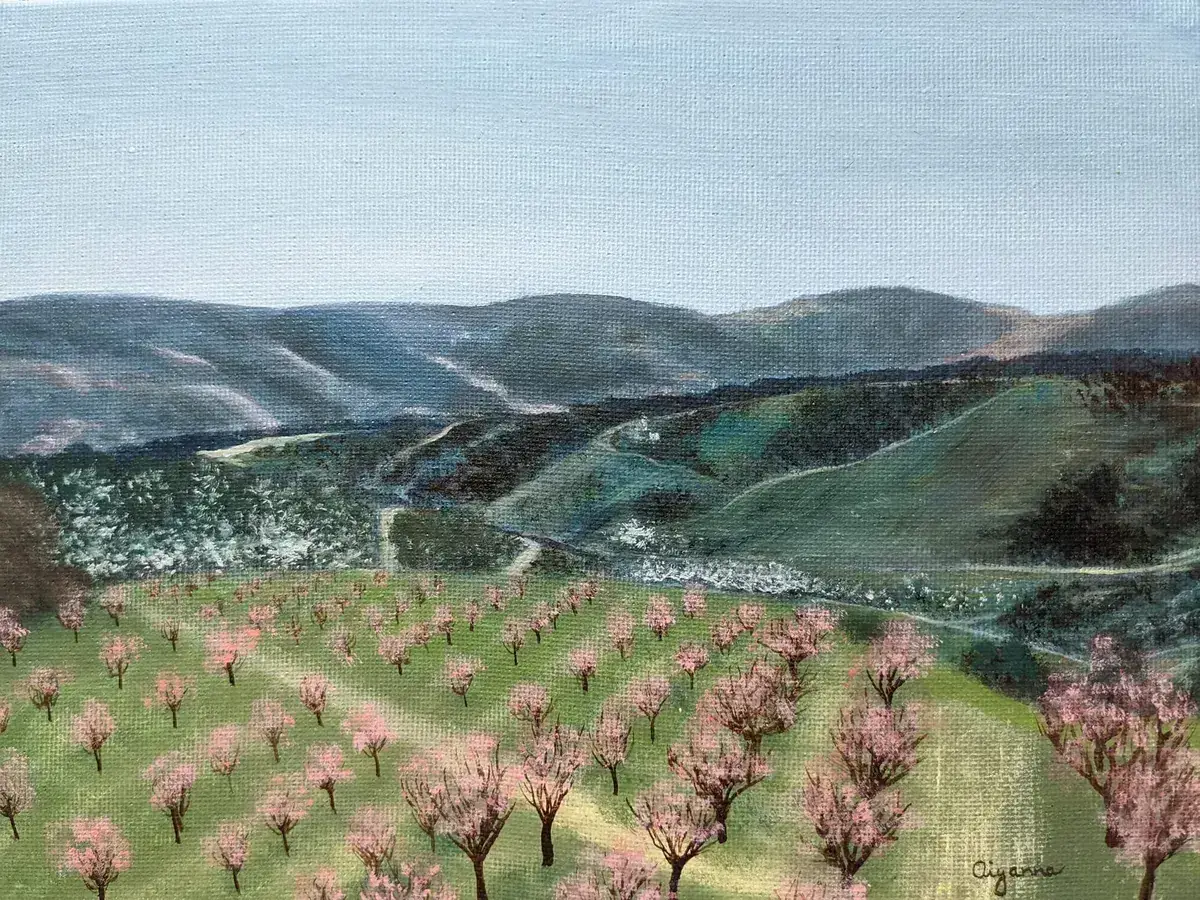 Spring in South Moravia – almond orchards artwork, 24x18cm
