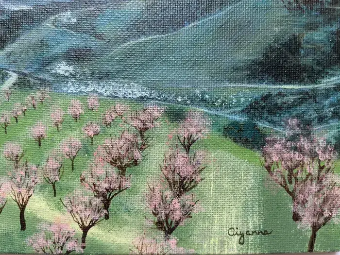 Spring in South Moravia – almond orchards artwork, 24x18cm