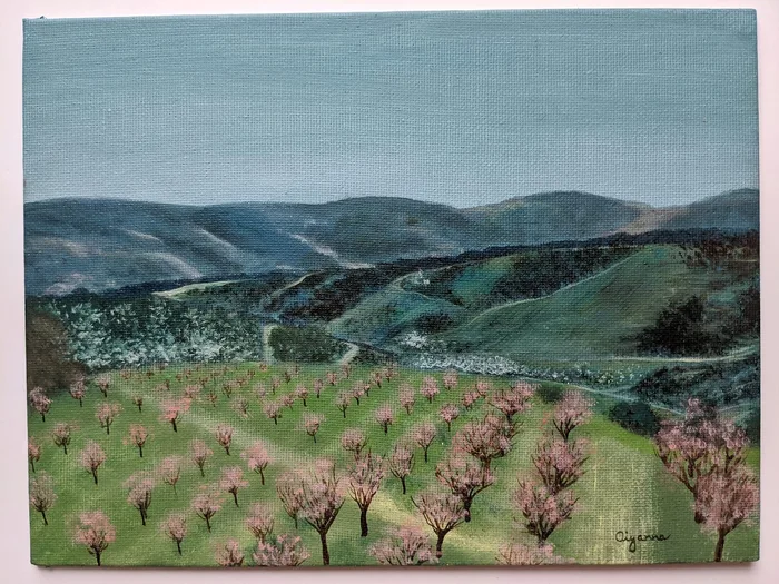 Spring in South Moravia – almond orchards artwork, 24x18cm