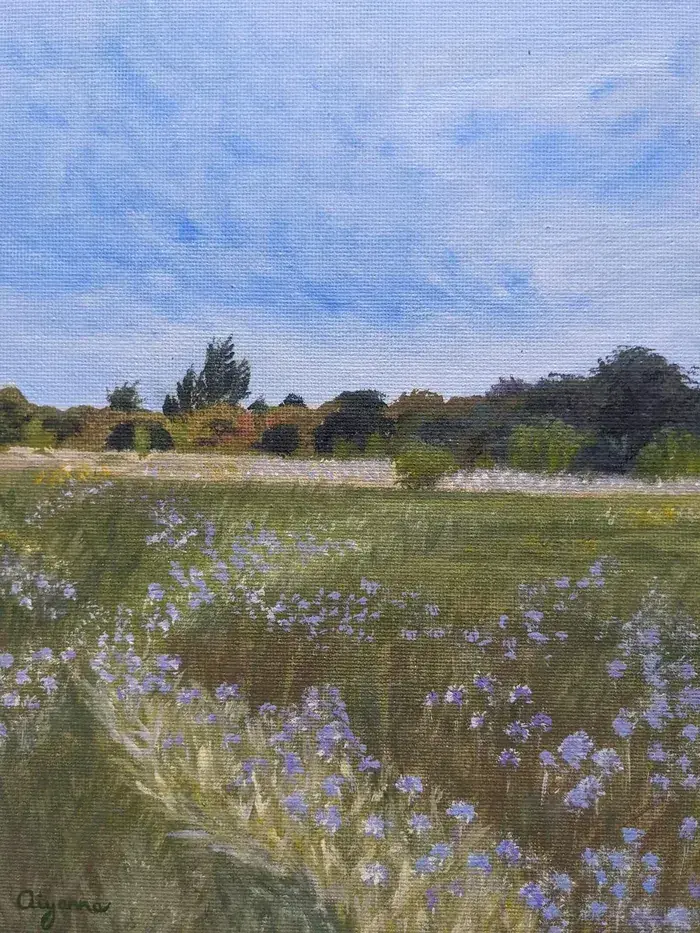 Summer meadow – hand painted landscape artwork, 24x18cm