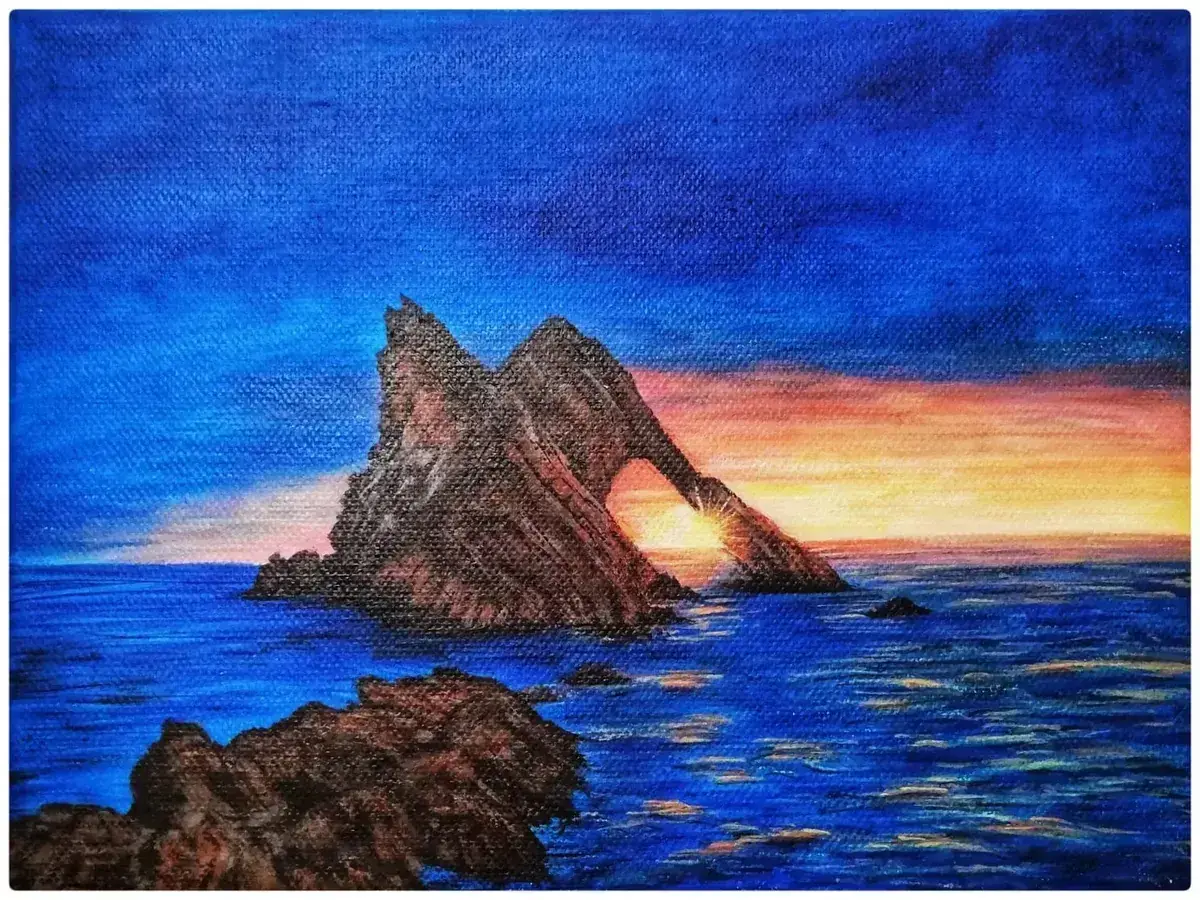 Sunset behind rocks – original oil seascape