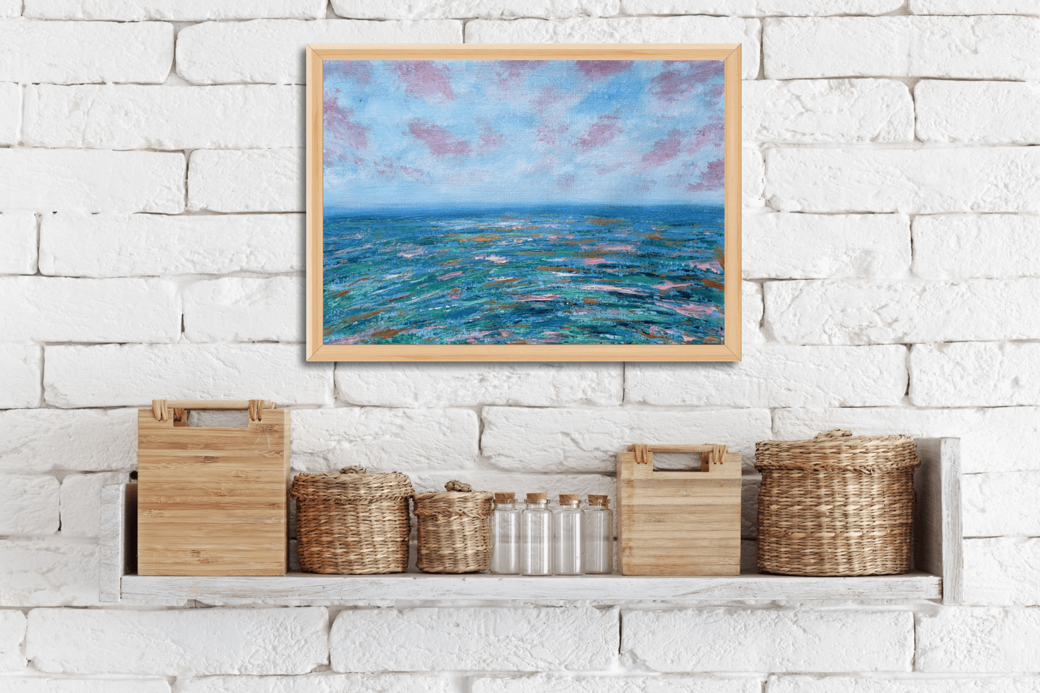 blue sky sea painting golden reflections