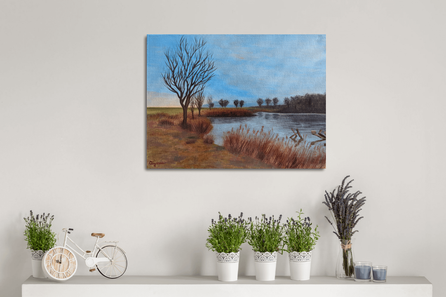 originální ojelomalba krajinomalba na plátně rybník