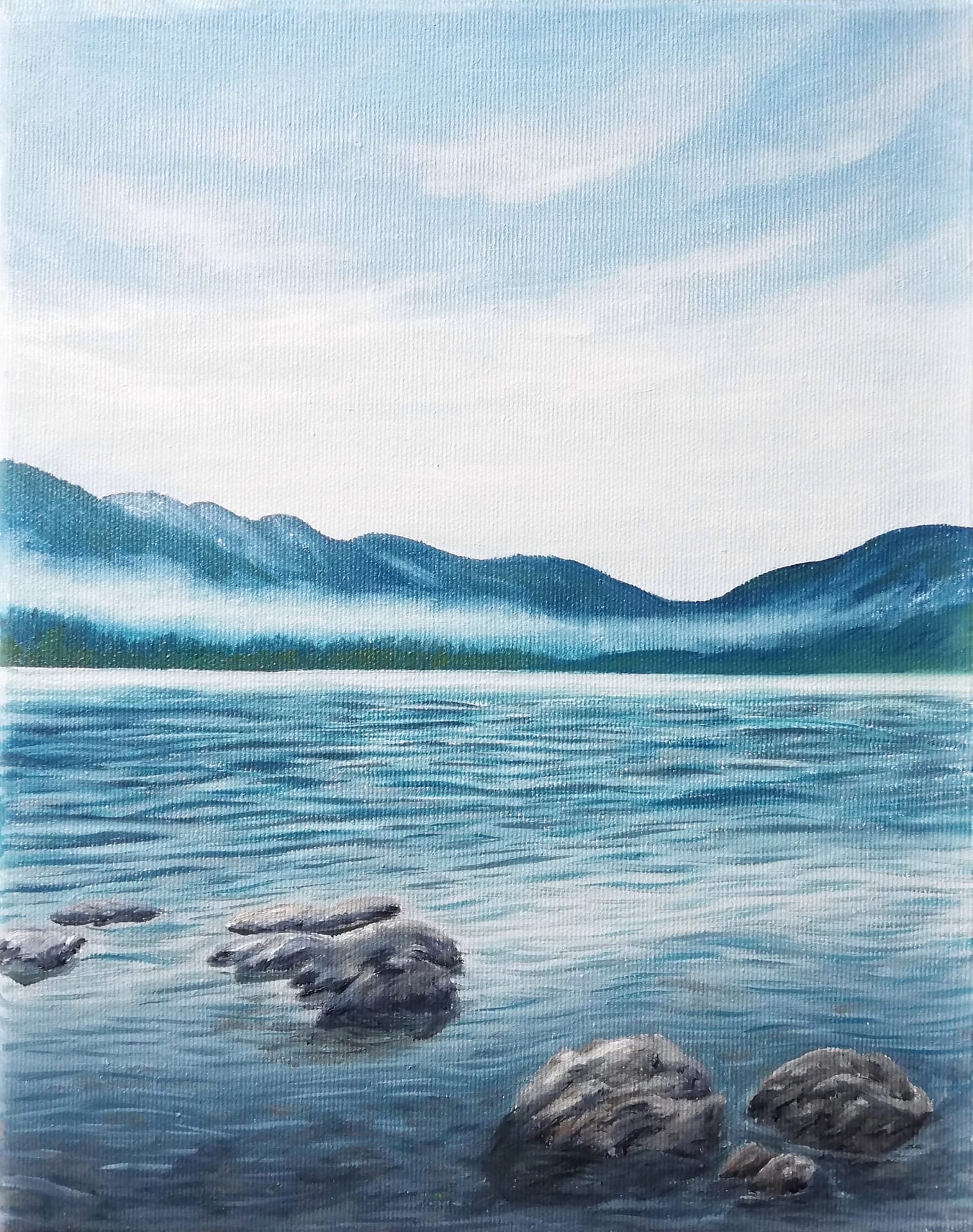 oil painting small blue lake rocks for sale
