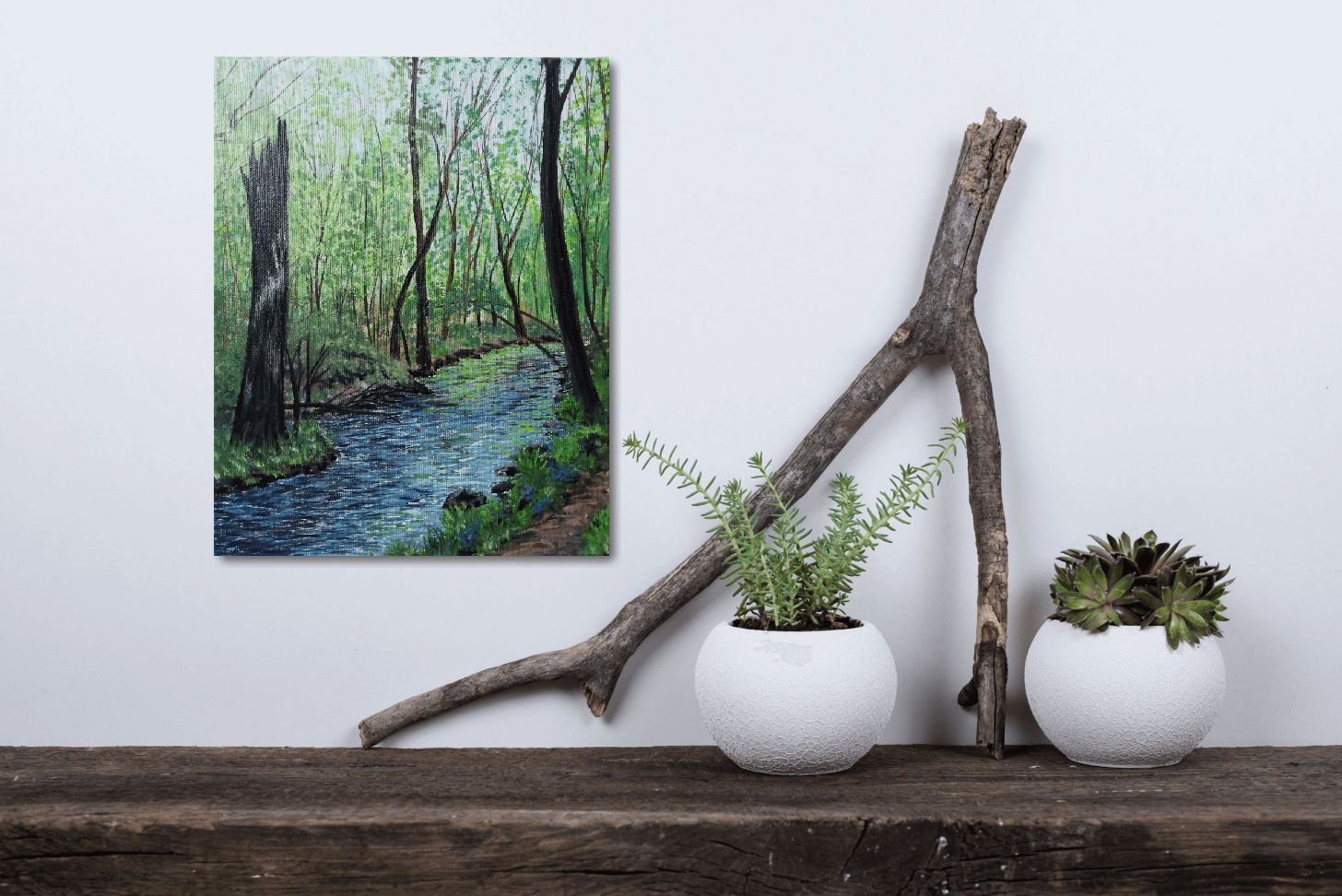 handpainted artwork green forest stream