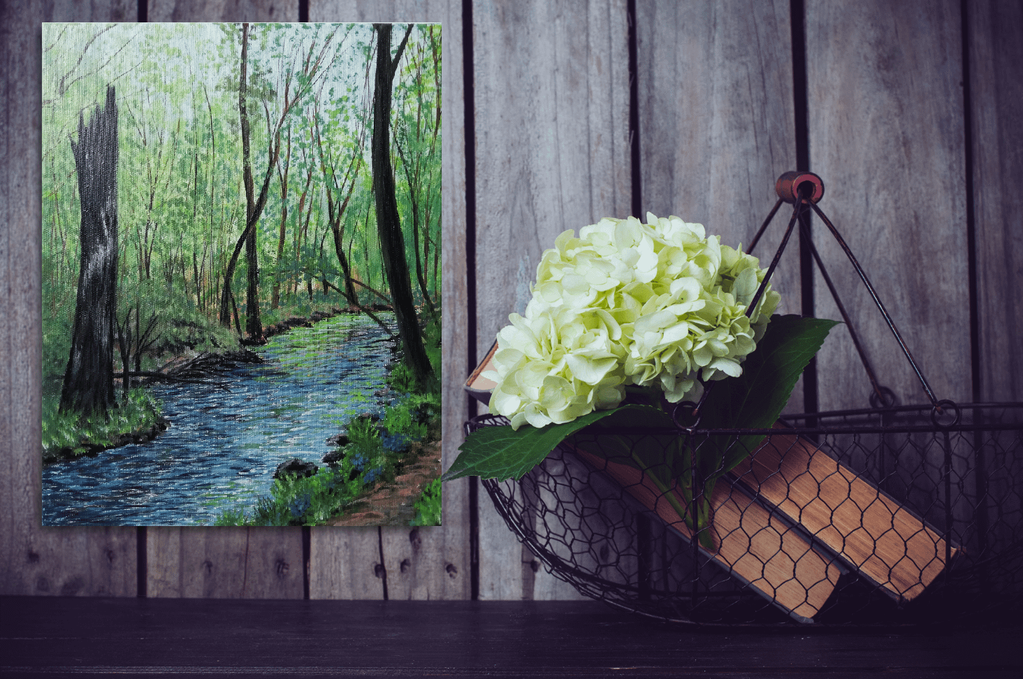 Originální olejomalba lesní potok