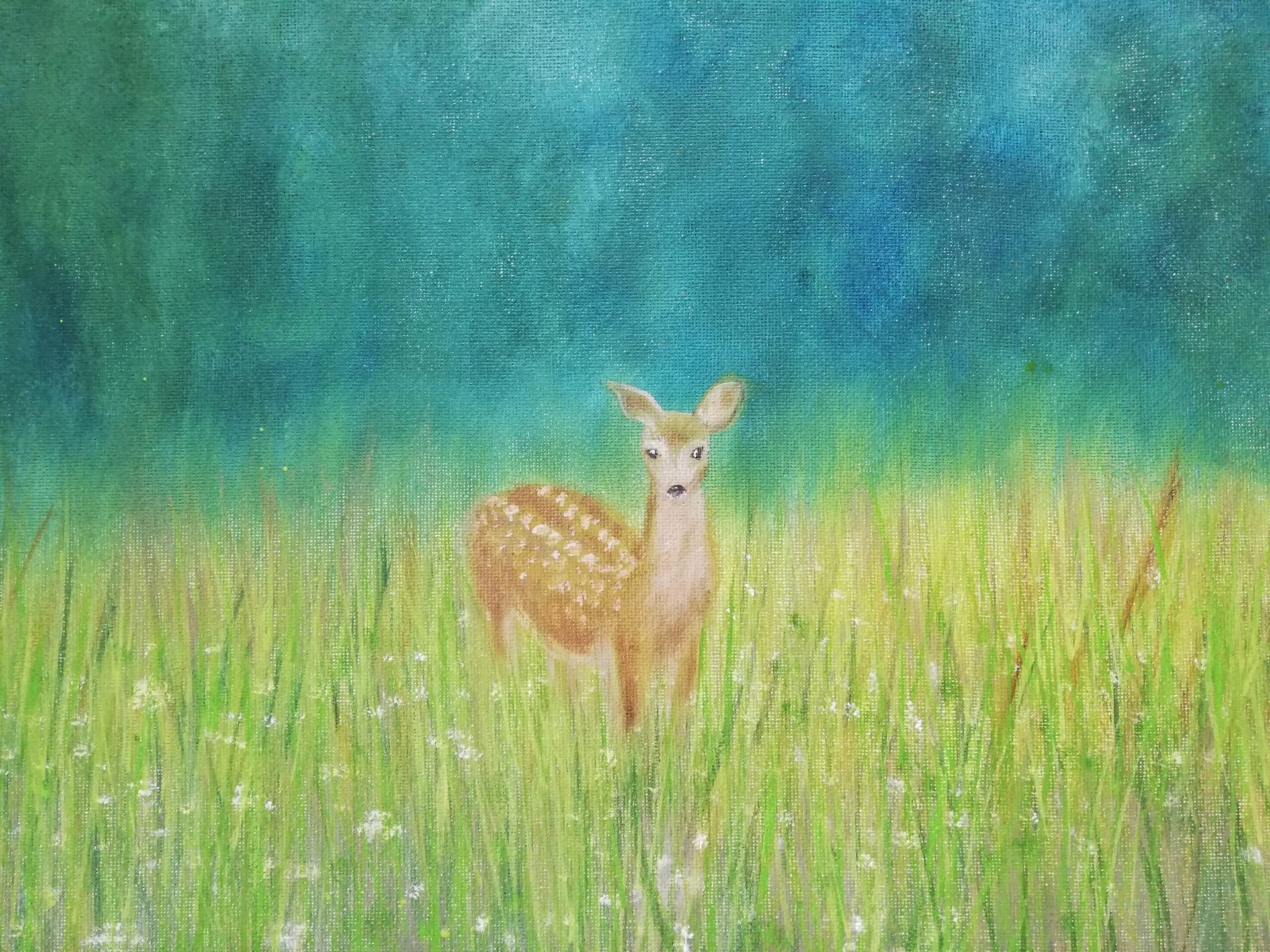 srnka v trávě krajinomalba ručně malovaná