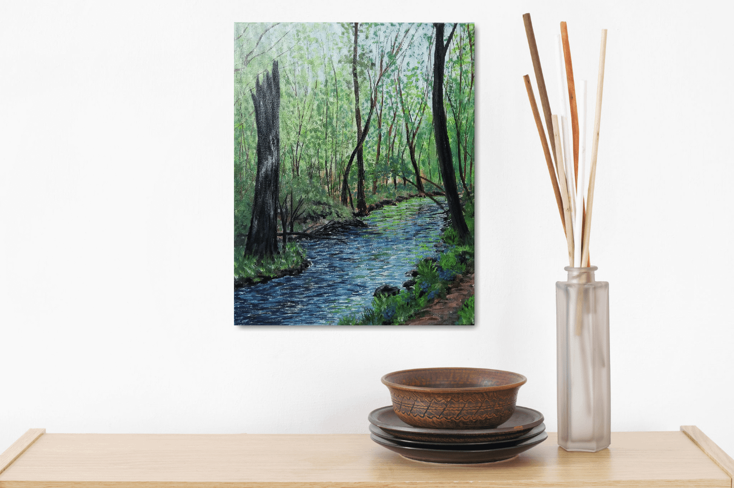 Summer forest stream - woods oil painting