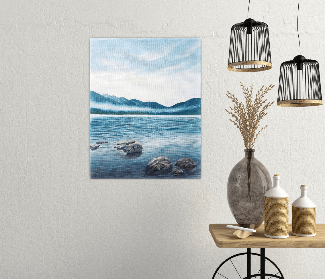 Cloudy lake - small oil painting for sale