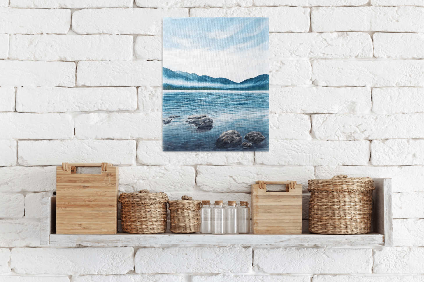 Cloudy lake - small oil painting on canvas